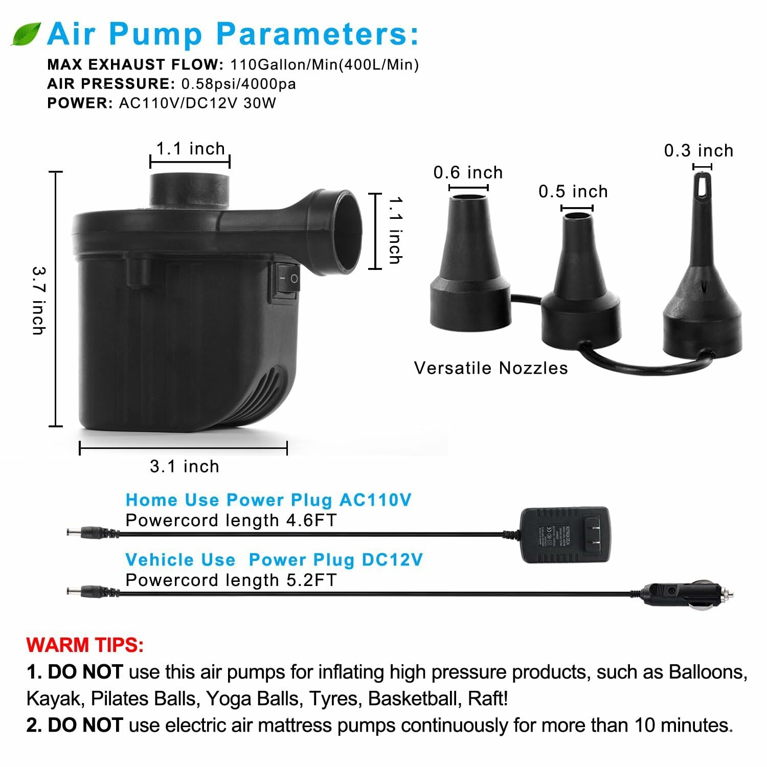 Newpol Inflatable Bed Pump Electric Air Pump 100GPM AC110-240V DC12V Black