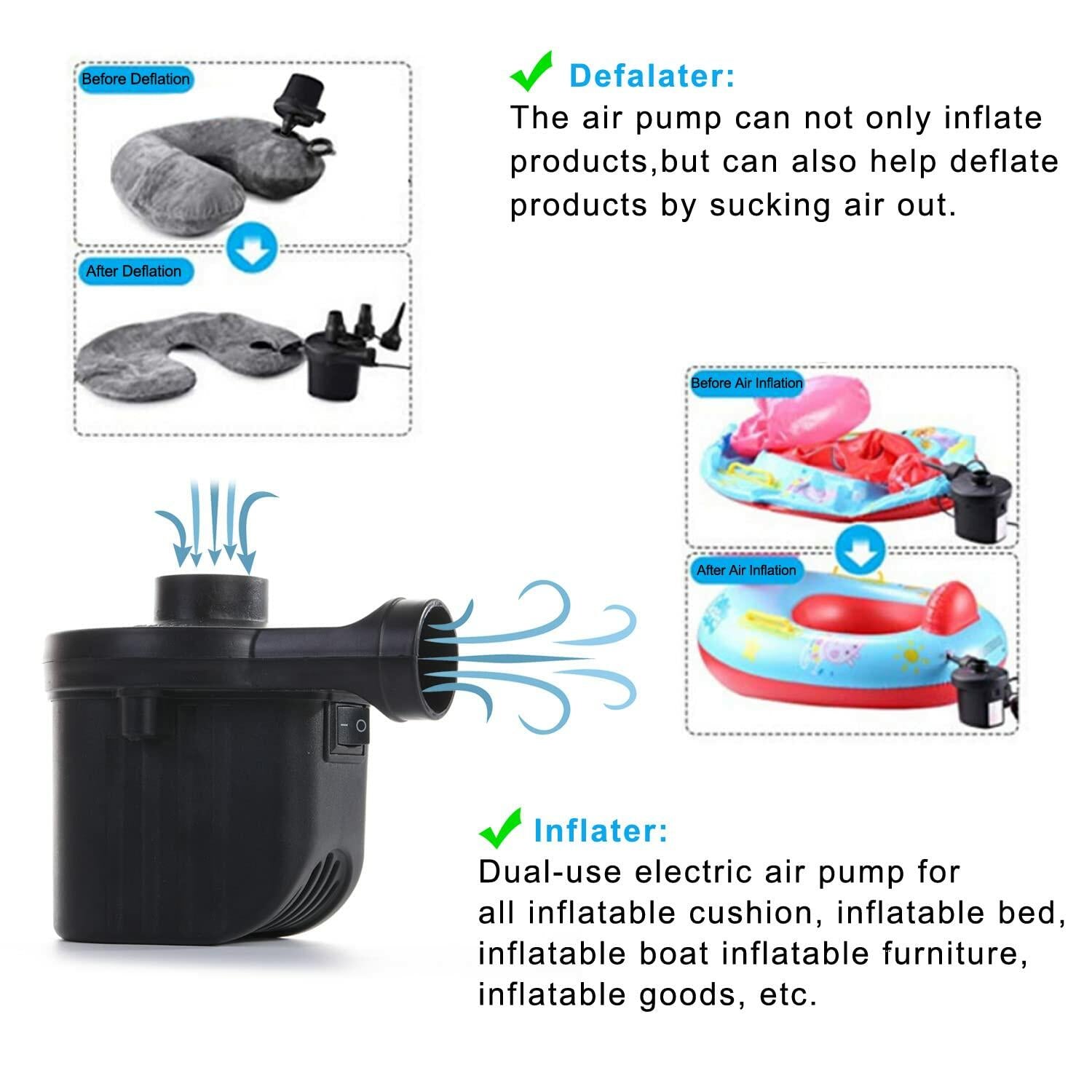 Newpol Inflatable Bed Pump Electric Air Pump 100GPM AC110-240V DC12V Black