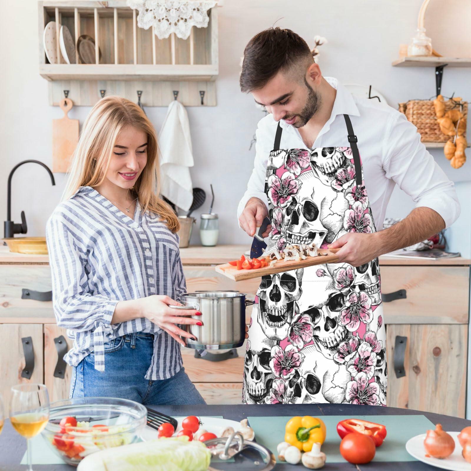 Fenmshairy Sugar Skull Flower Chef Apron Adjustable Neck 2 Pockets One Size