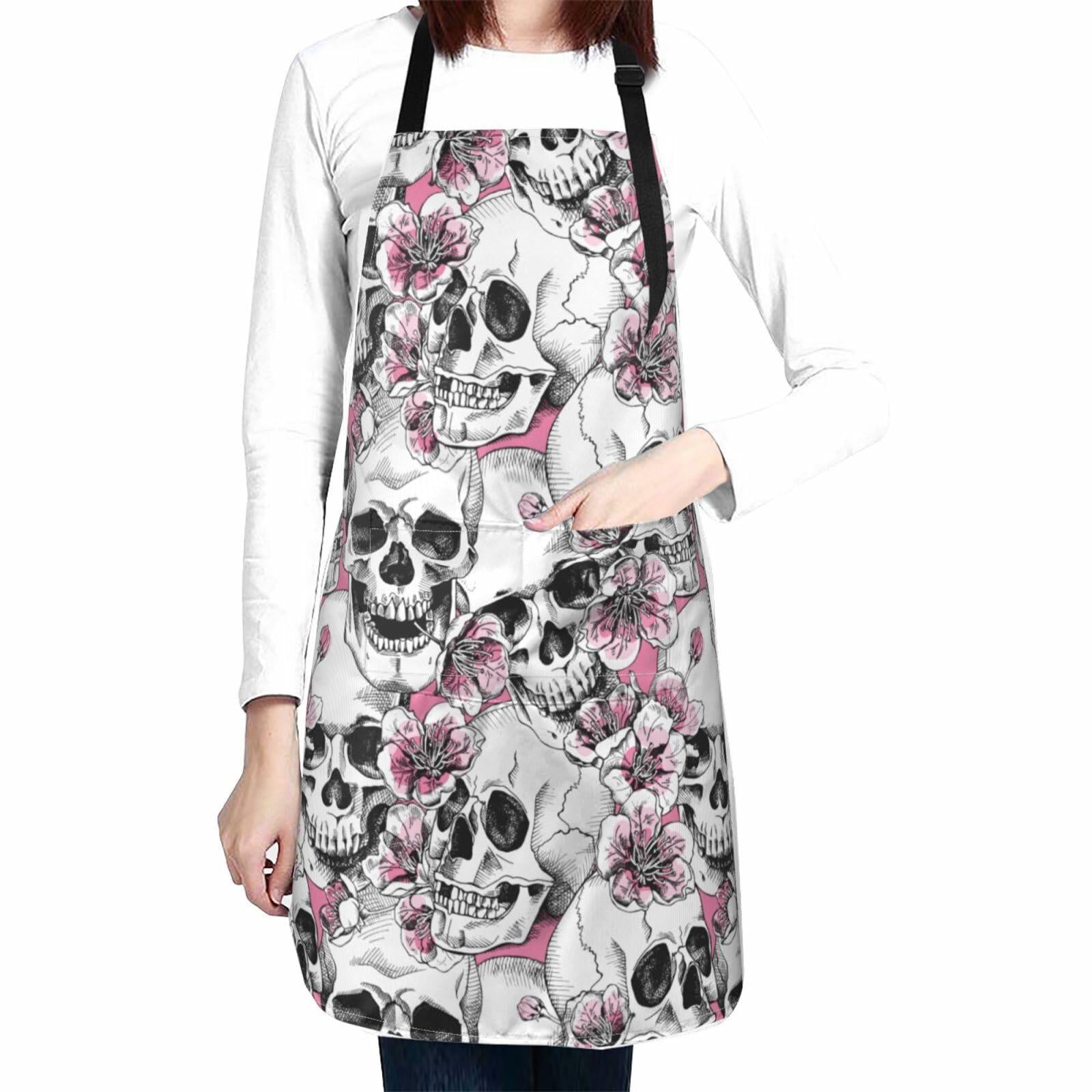 Fenmshairy Sugar Skull Flower Chef Apron Adjustable Neck 2 Pockets One Size