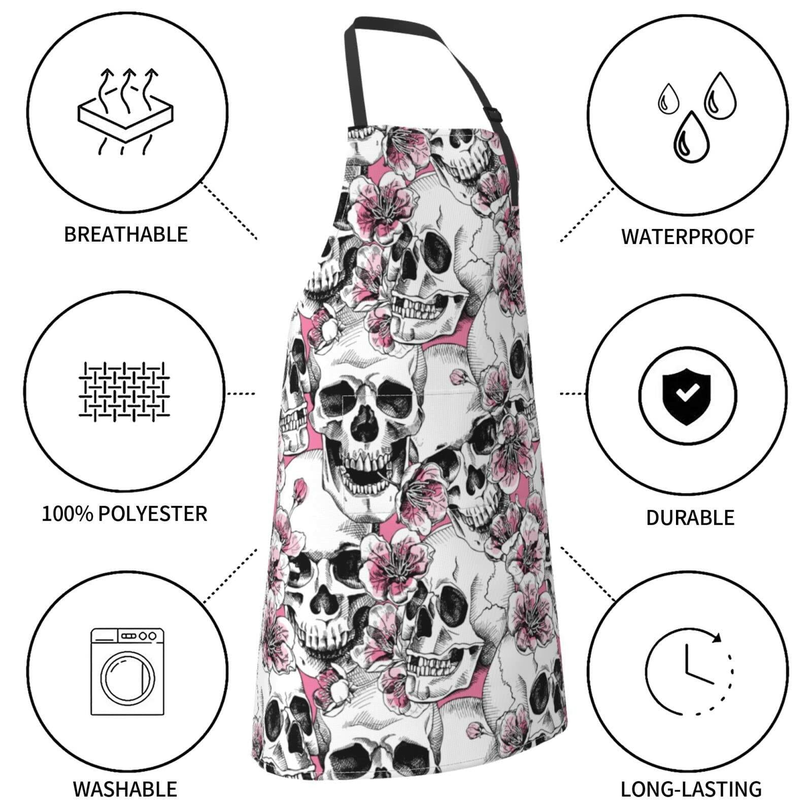 Fenmshairy Sugar Skull Flower Chef Apron Adjustable Neck 2 Pockets One Size