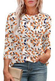XIEERDUO Women's 3/4 Sleeve Pleated Floral Tunic Top Patterned-leaf Size M