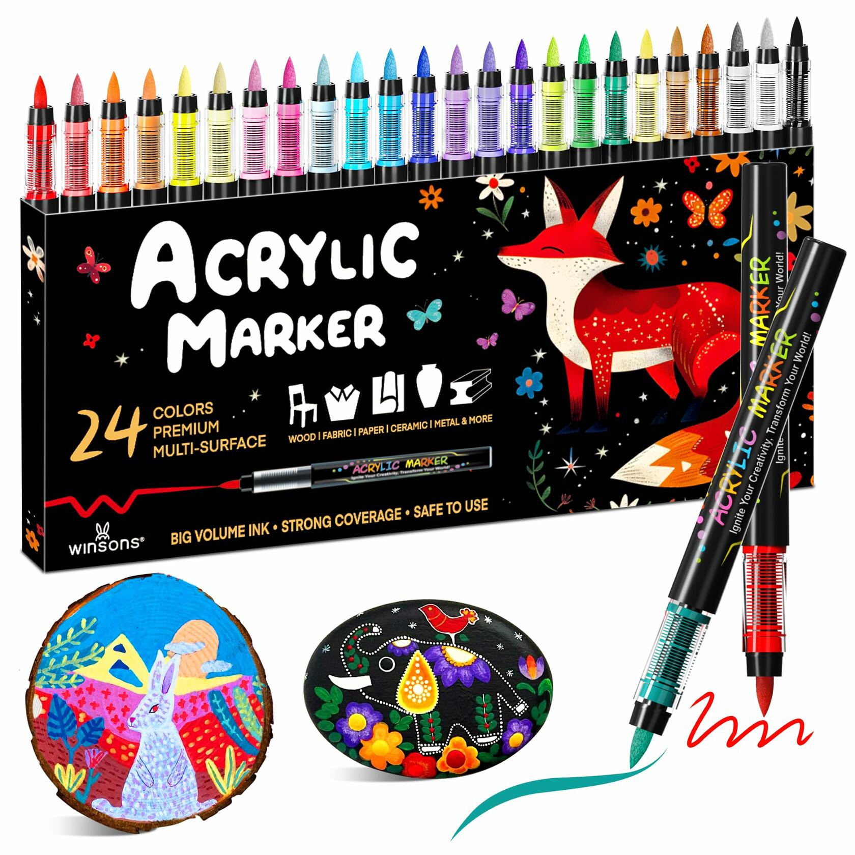 WINSONS 24 Colors Direct Liquid Ink Permanent Acrylic Markers Multi-Surface