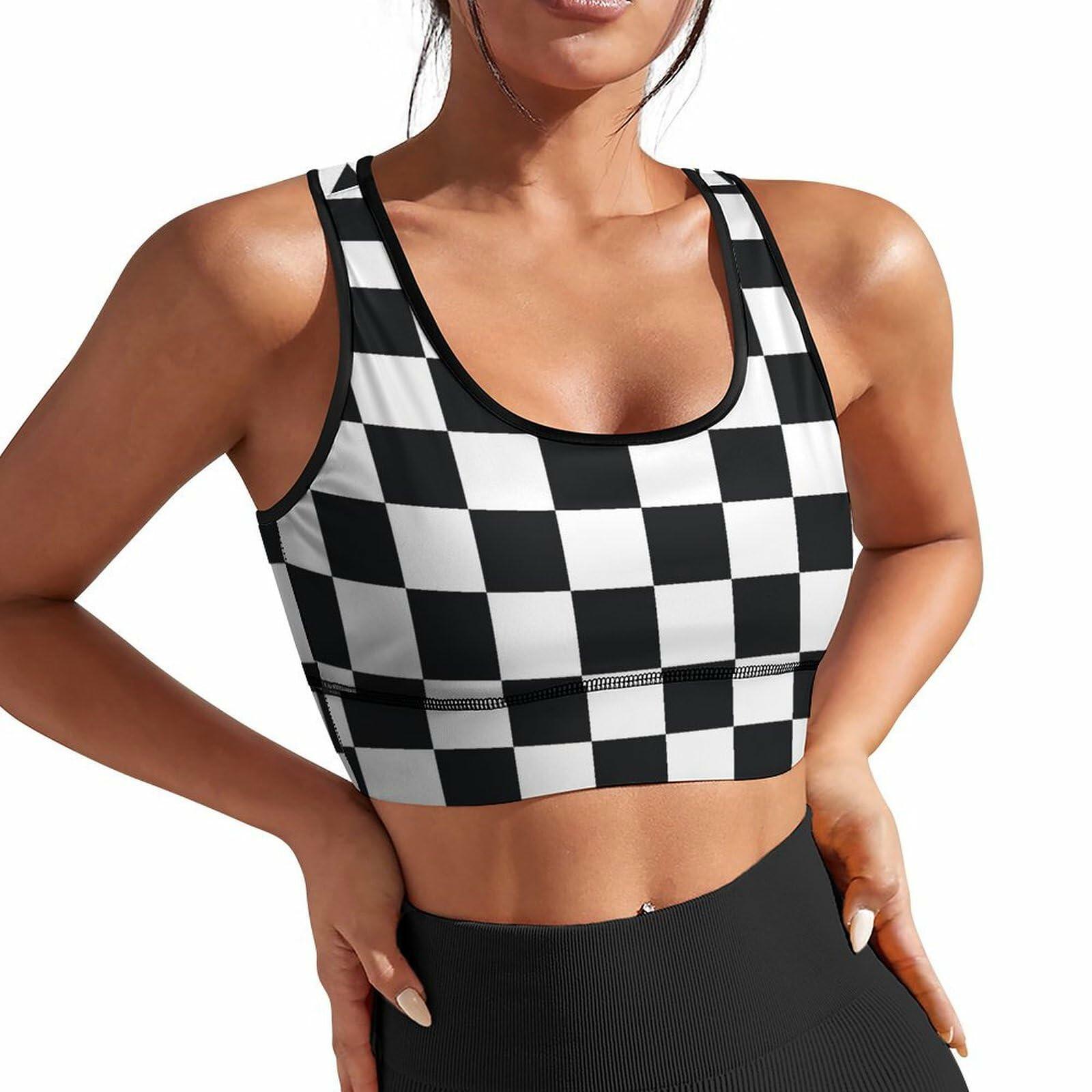 PrelerDIY Black White Racing Checkered Sports Bra with Removable Pads Size S