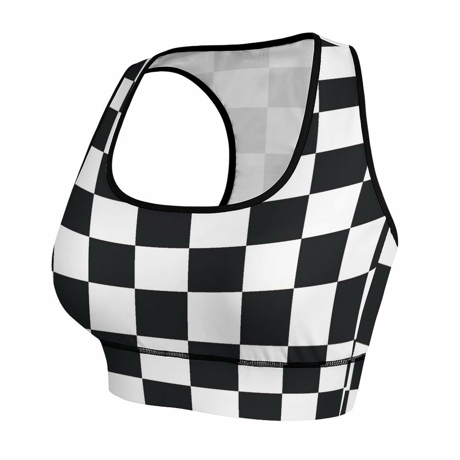 PrelerDIY Black White Racing Checkered Sports Bra with Removable Pads Size S