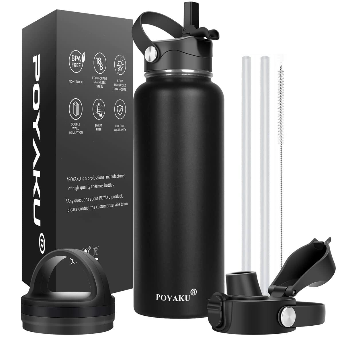 POYAKU Insulated Stainless Steel Water Bottle 40oz Wide Mouth Straw Lid Black