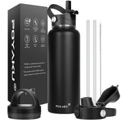 POYAKU Insulated Stainless Steel Water Bottle 40oz Wide Mouth Straw Lid Black