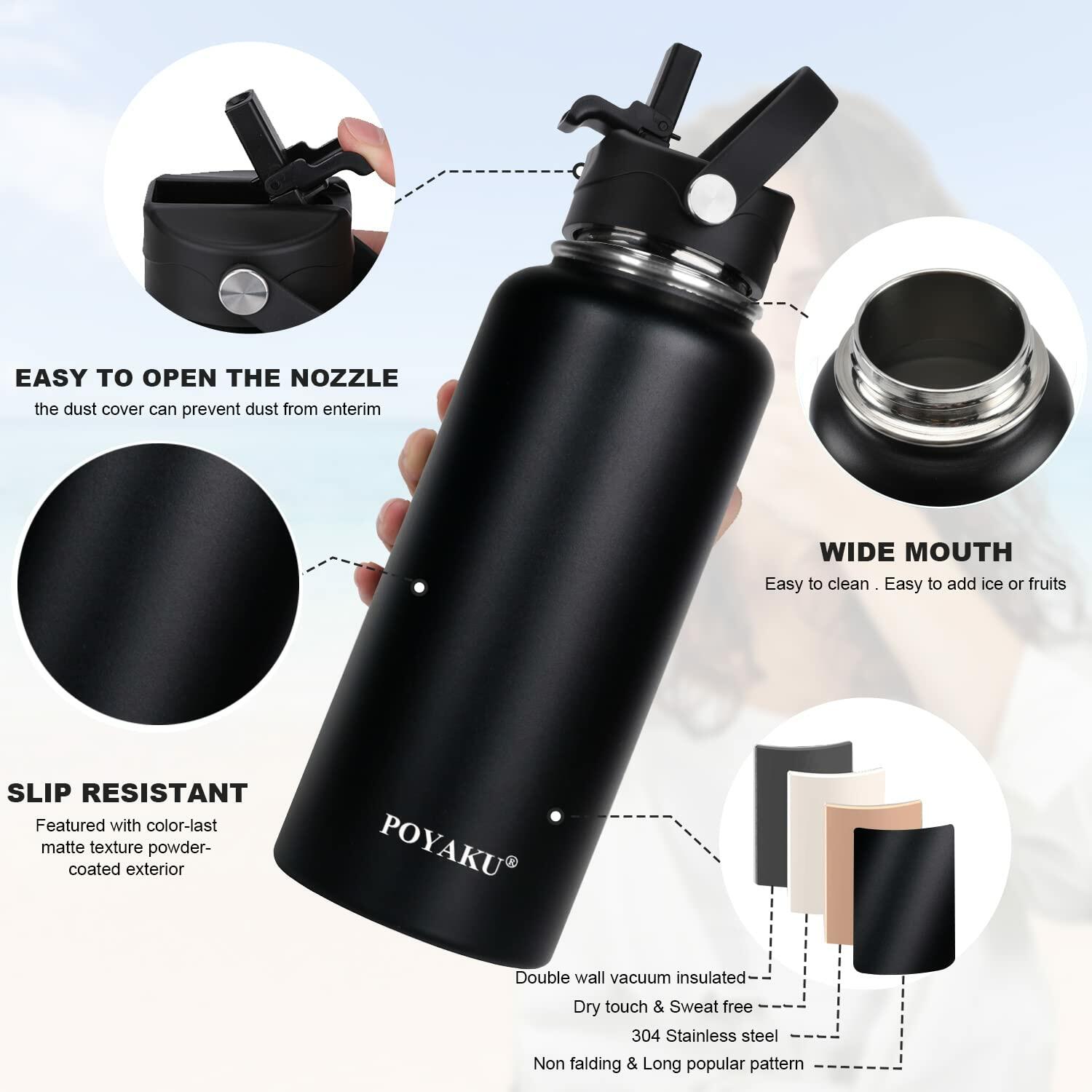 POYAKU Insulated Stainless Steel Water Bottle 40oz Wide Mouth Straw Lid Black