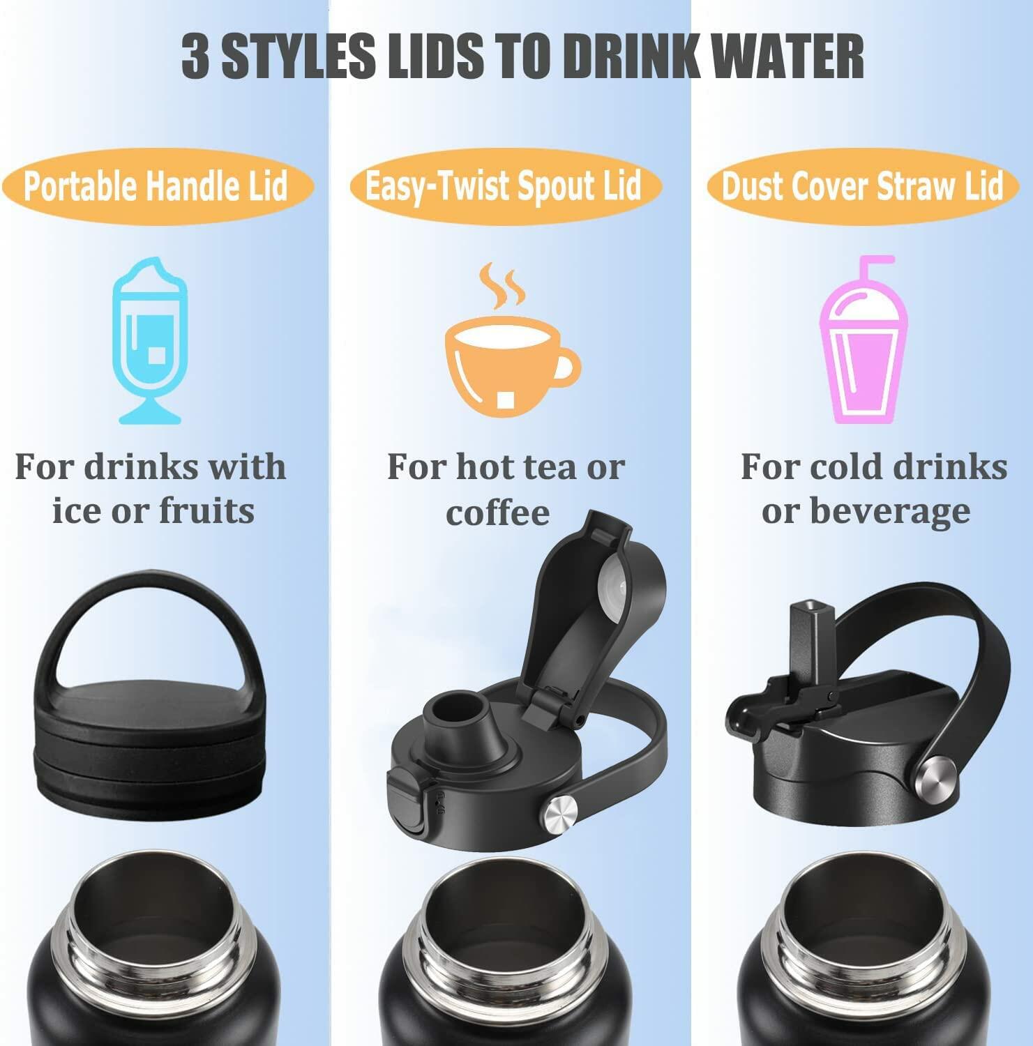 POYAKU Insulated Stainless Steel Water Bottle 40oz Wide Mouth Straw Lid Black