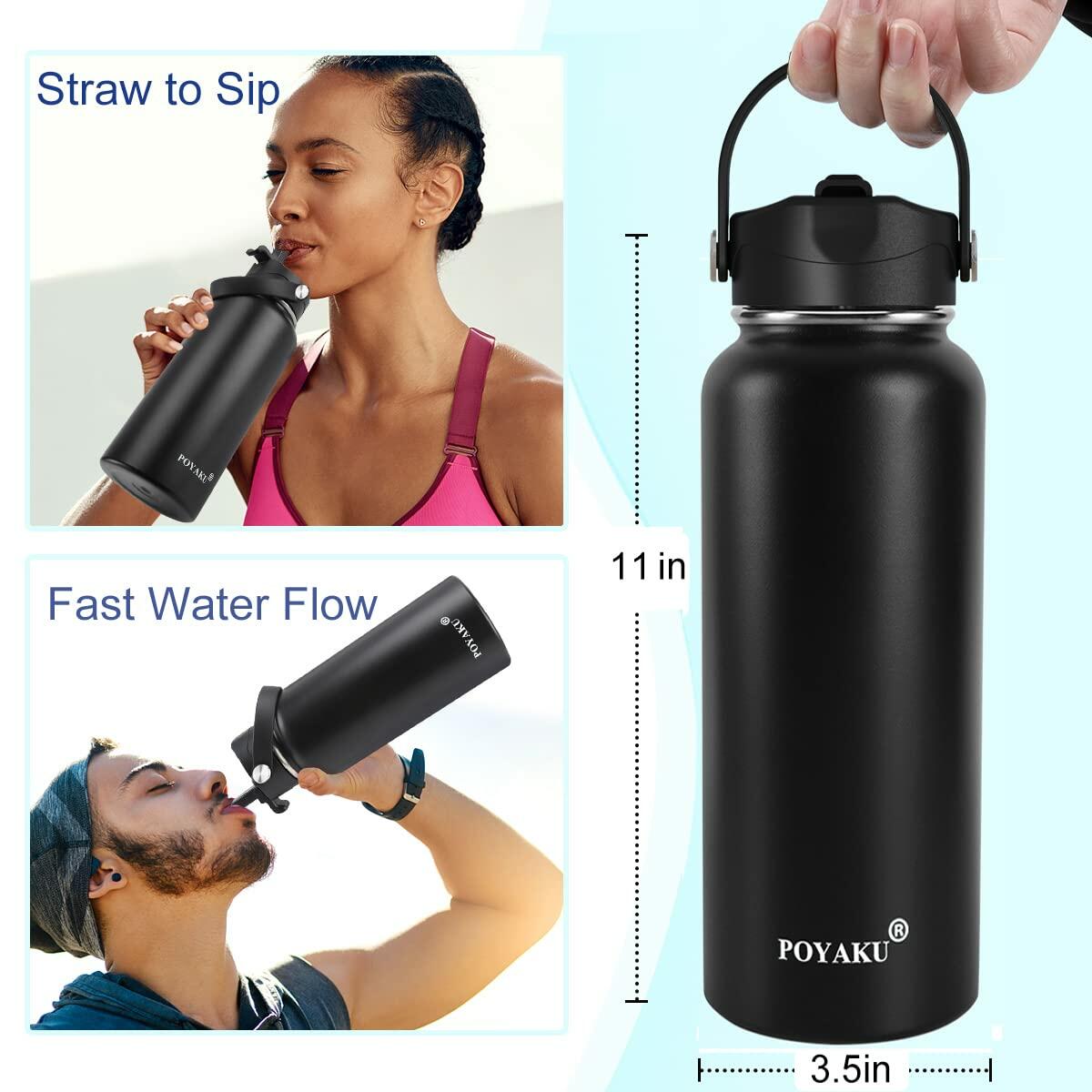 POYAKU Insulated Stainless Steel Water Bottle 40oz Wide Mouth Straw Lid Black