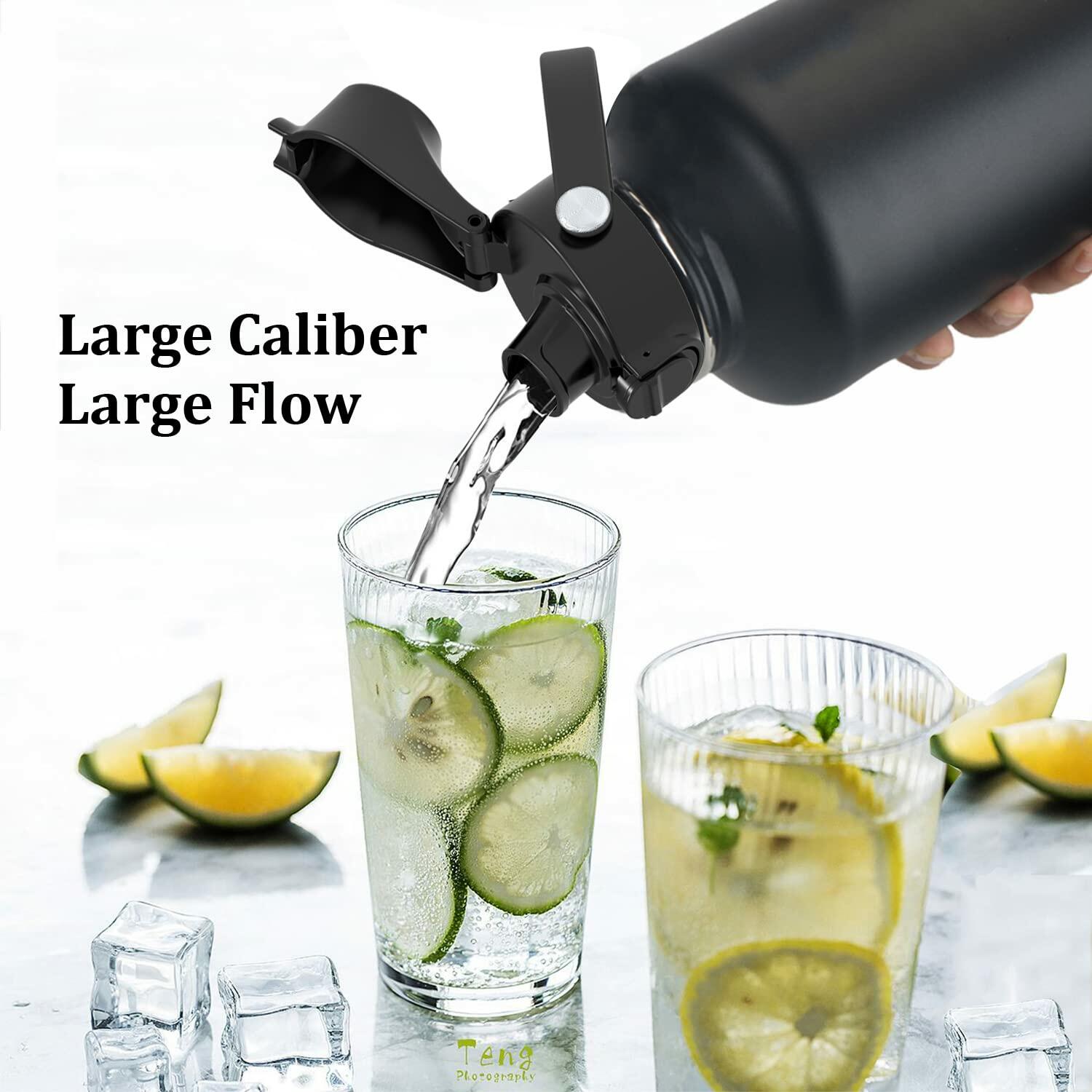POYAKU Insulated Stainless Steel Water Bottle 40oz Wide Mouth Straw Lid Black