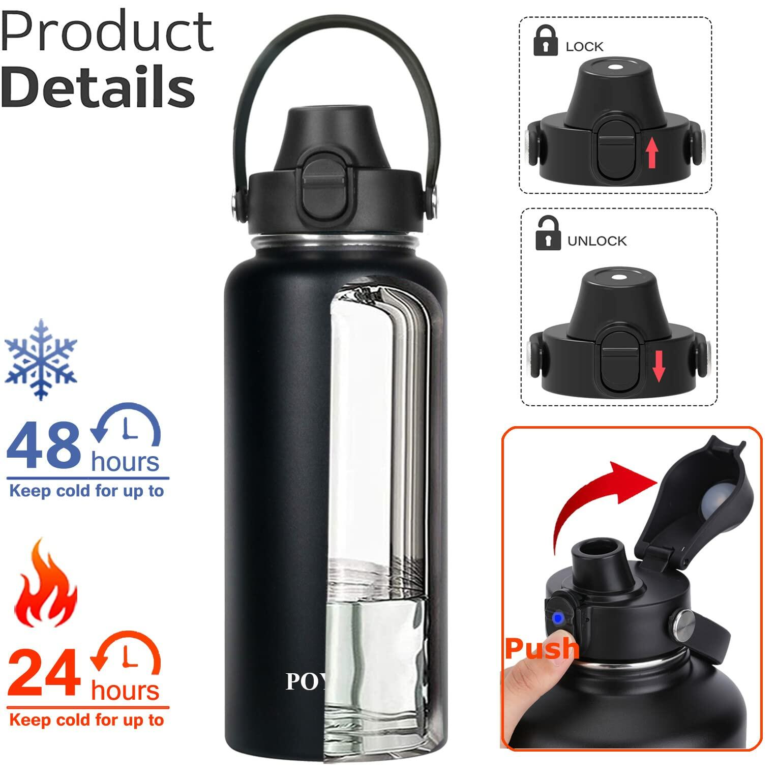 POYAKU Insulated Stainless Steel Water Bottle 40oz Wide Mouth Straw Lid Black