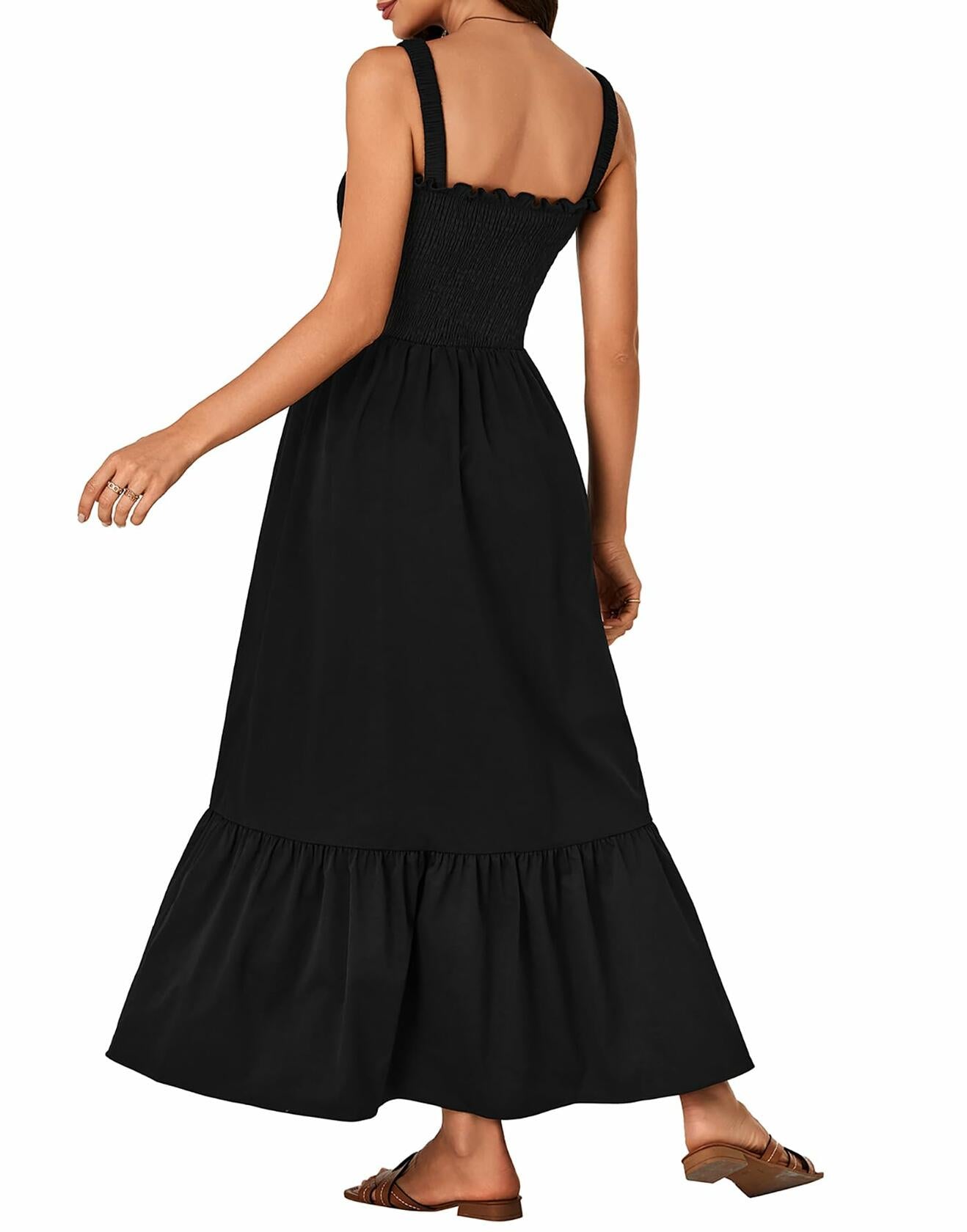 Rooscier Women's Square Neck Sleeveless Smocked Maxi Dress Black Size XL