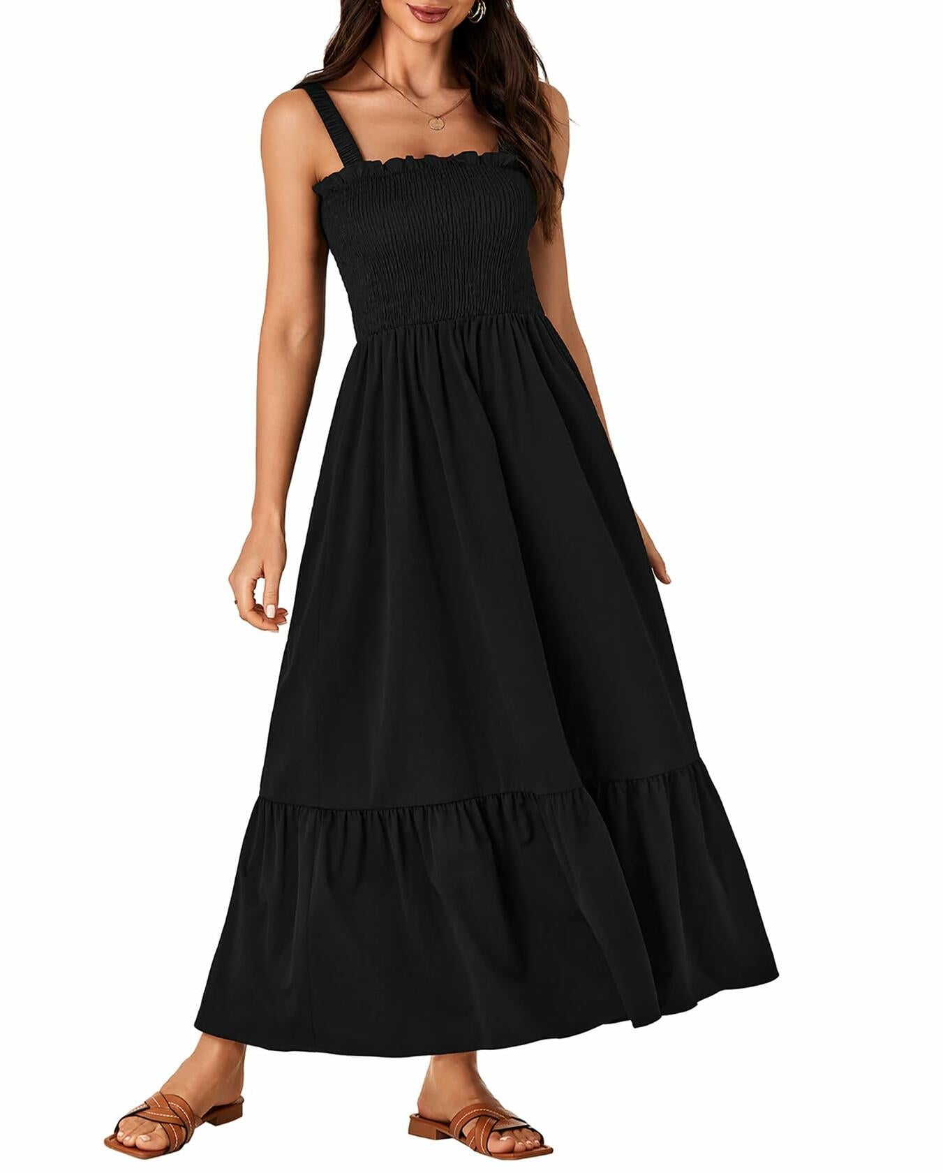 Rooscier Women's Square Neck Sleeveless Smocked Maxi Dress Black Size XL