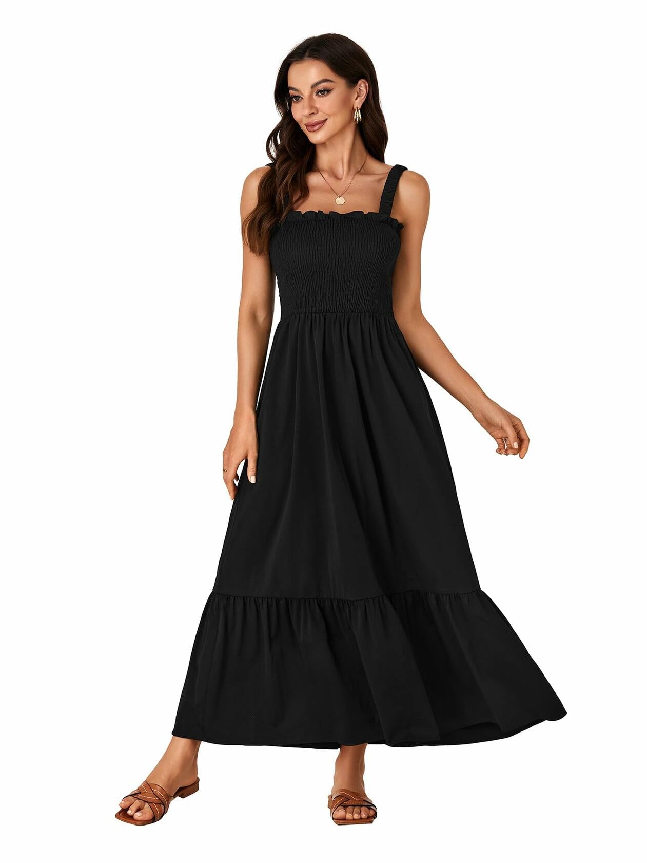 Rooscier Women's Square Neck Sleeveless Smocked Maxi Dress Black Size XL