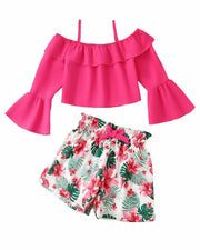 YOURUIKEY Girls Summer Halter Crop Top Floral Shorts Set Rose Red 11-12