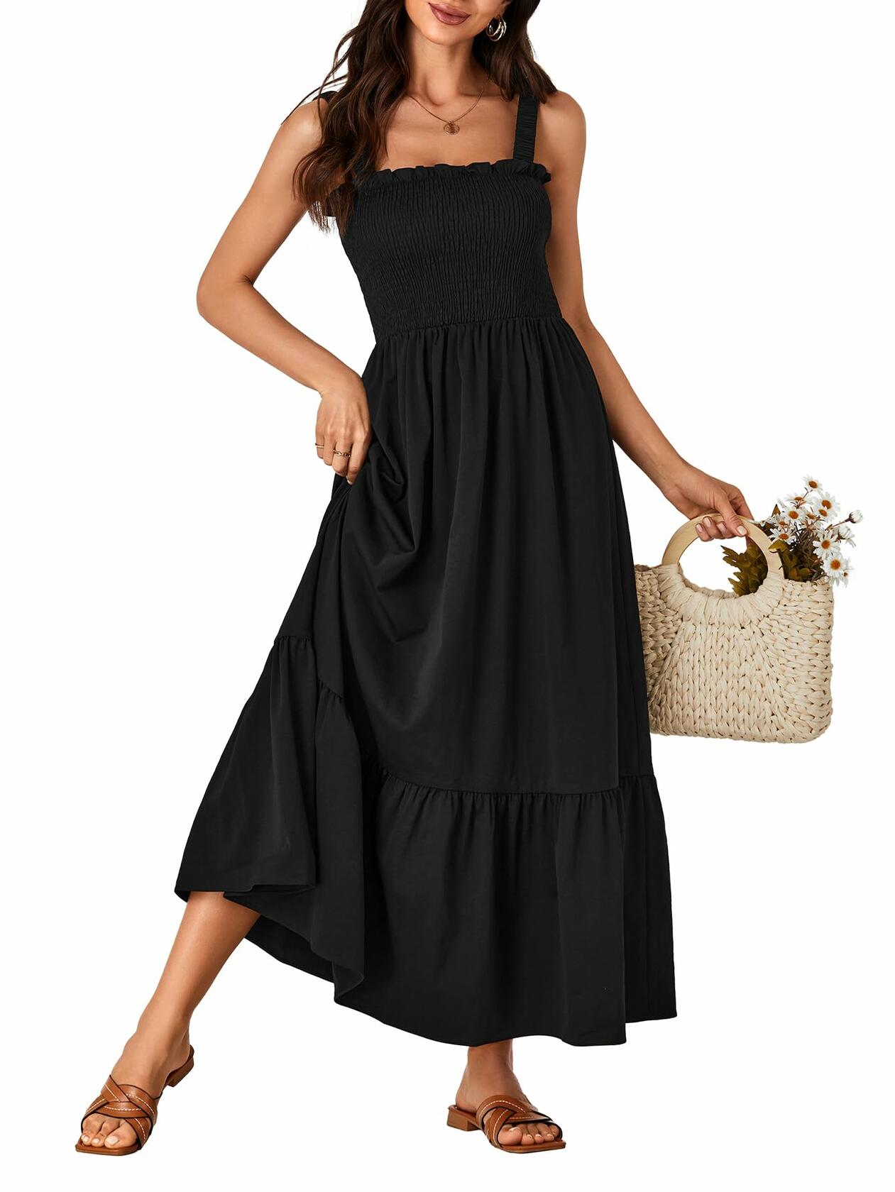 Rooscier Women's Square Neck Sleeveless Smocked Maxi Dress Black Size XL