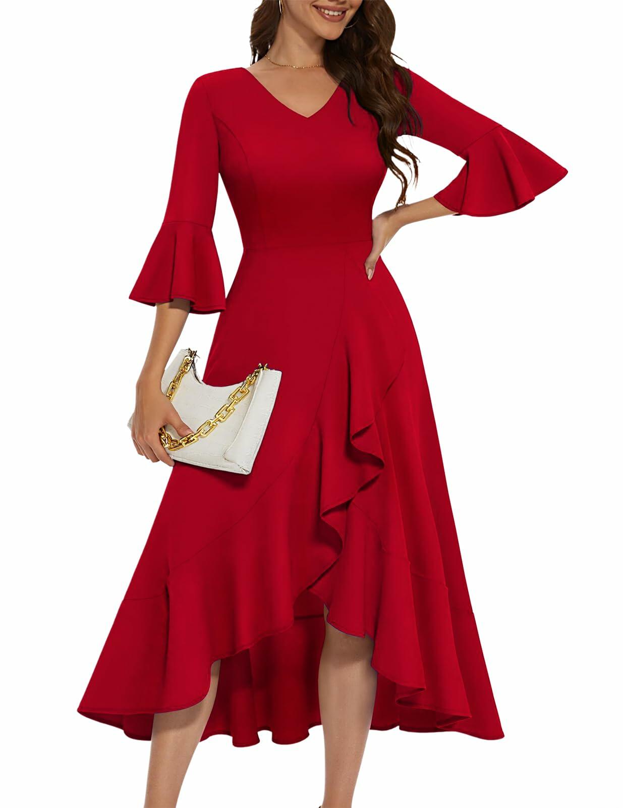 HomRain Elegant Formal Ruffle Hem Dress Red Size 3XL