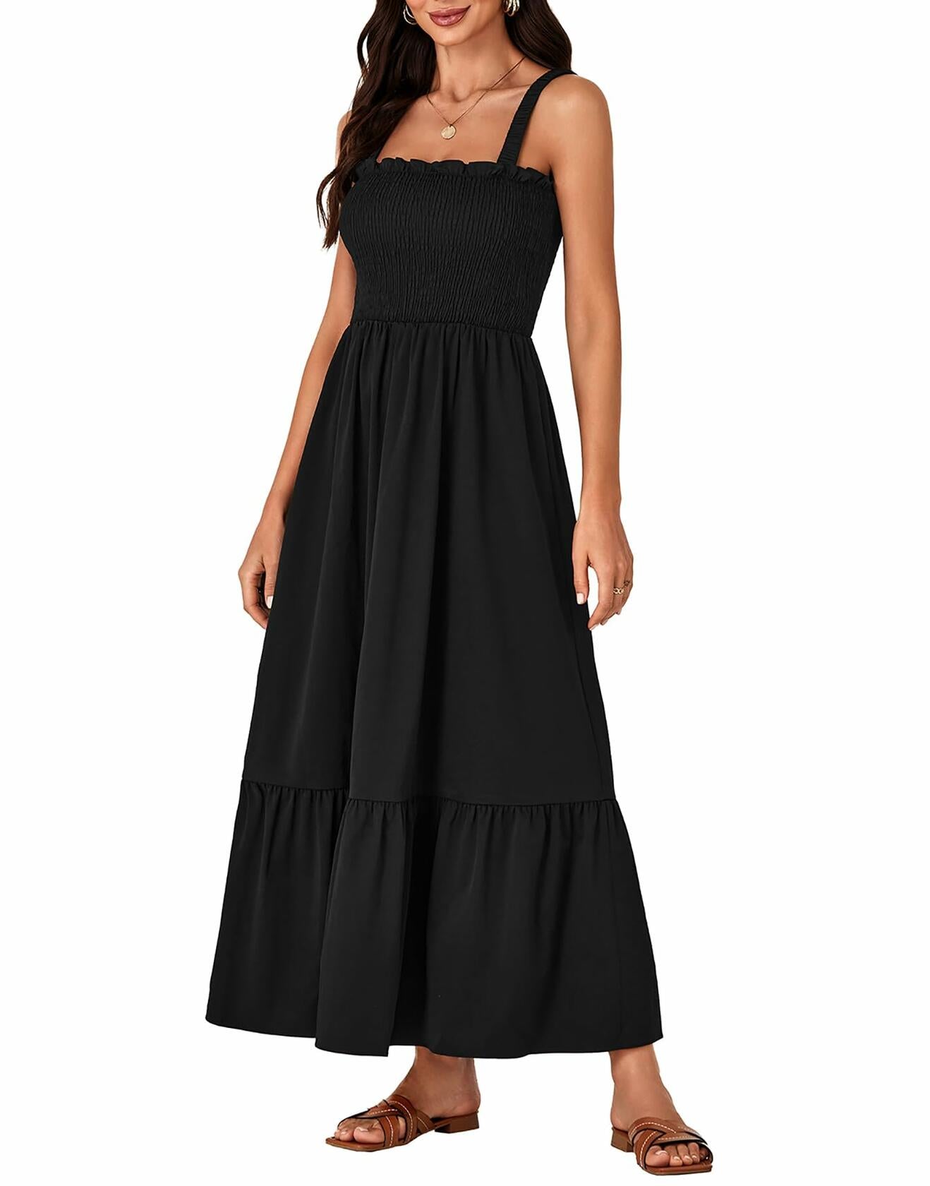 Rooscier Women's Square Neck Sleeveless Smocked Maxi Dress Black Size XL