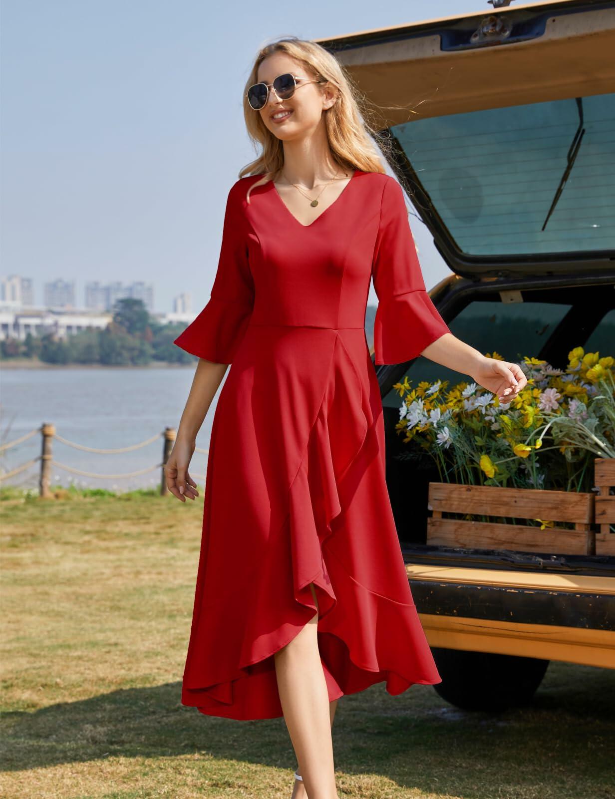 HomRain Elegant Formal Ruffle Hem Dress Red Size 3XL