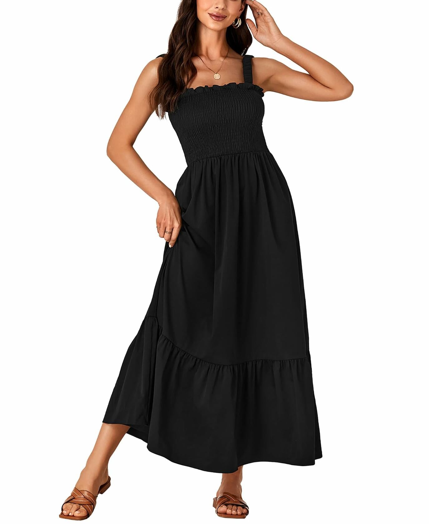 Rooscier Women's Square Neck Sleeveless Smocked Maxi Dress Black Size XL