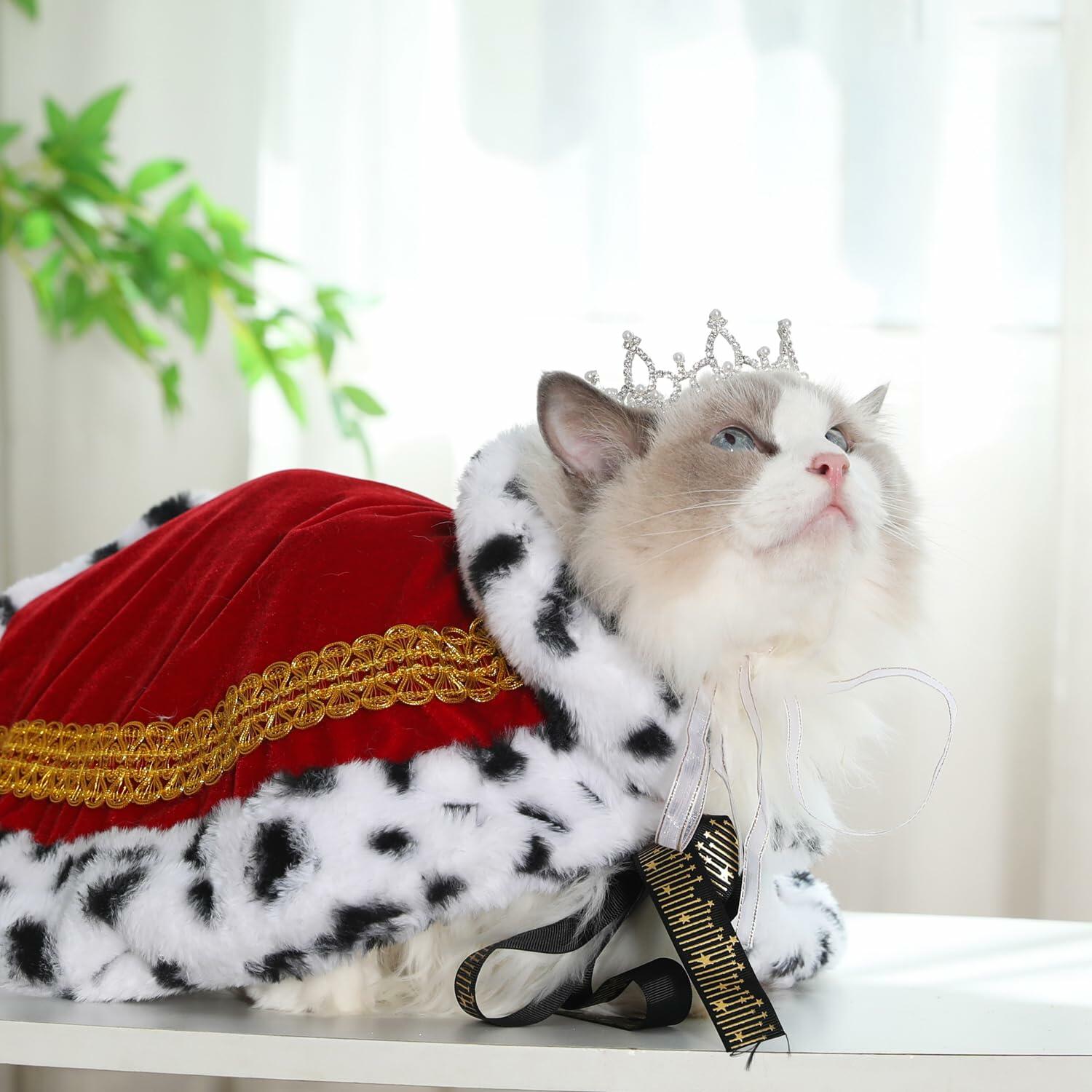 Lovelyshop Pet Majestic Dog Cat Costume Velvet Cloak Silver Pearl Crown Size S