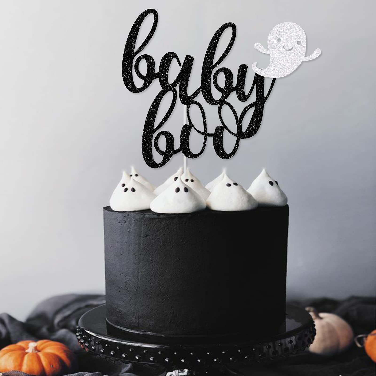 LeeSky Baby Boo Halloween Ghost Cake Topper Black Glitter Paper
