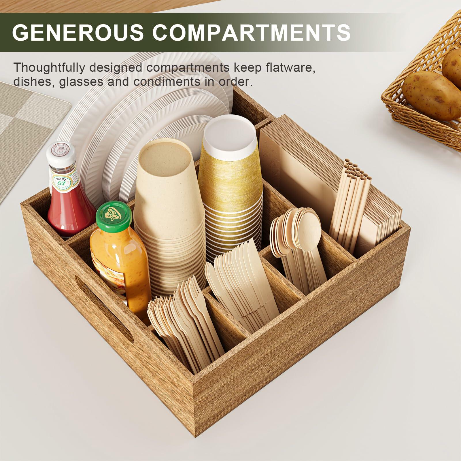 Aofure Acacia Wood Utensil Holder 6 Compartments Kitchen Countertop Brown