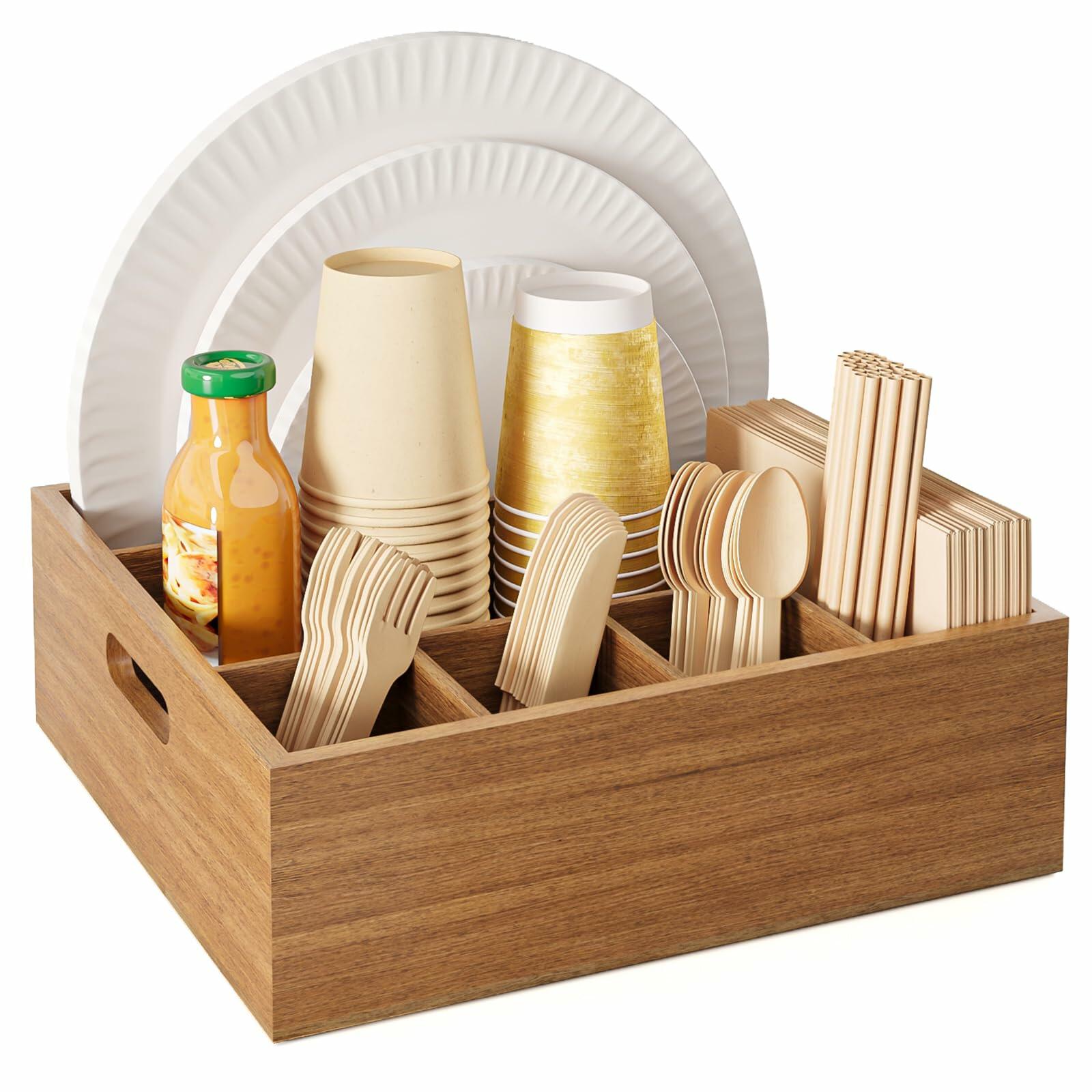 Aofure Acacia Wood Utensil Holder 6 Compartments Kitchen Countertop Brown