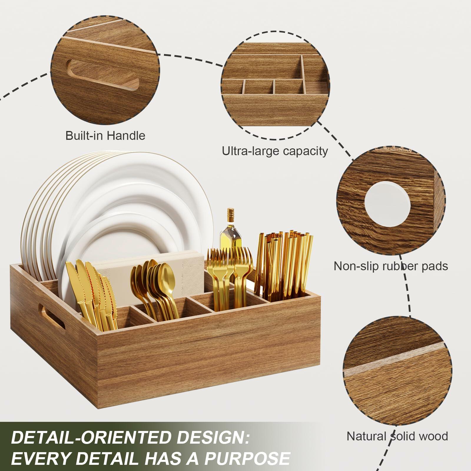 Aofure Acacia Wood Utensil Holder 6 Compartments Kitchen Countertop Brown