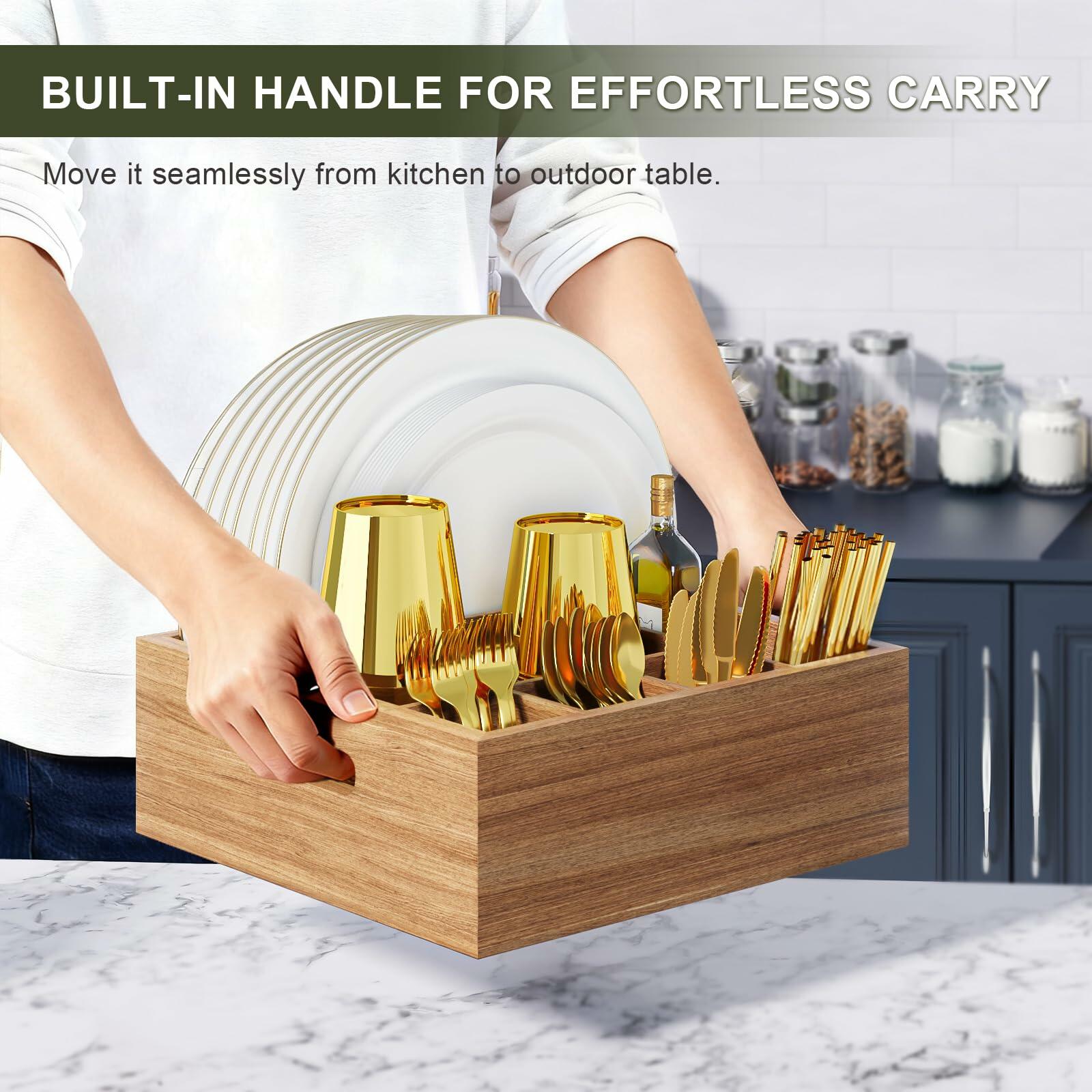 Aofure Acacia Wood Utensil Holder 6 Compartments Kitchen Countertop Brown