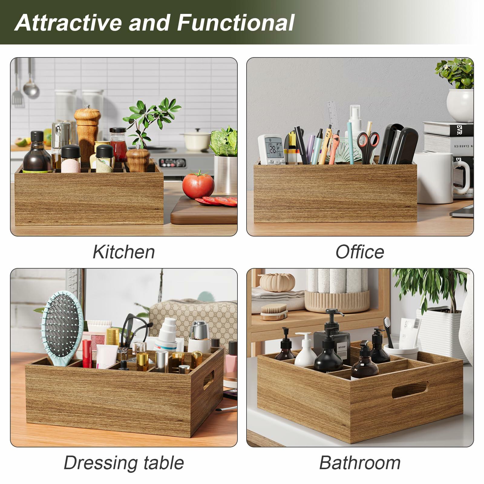Aofure Acacia Wood Utensil Holder 6 Compartments Kitchen Countertop Brown