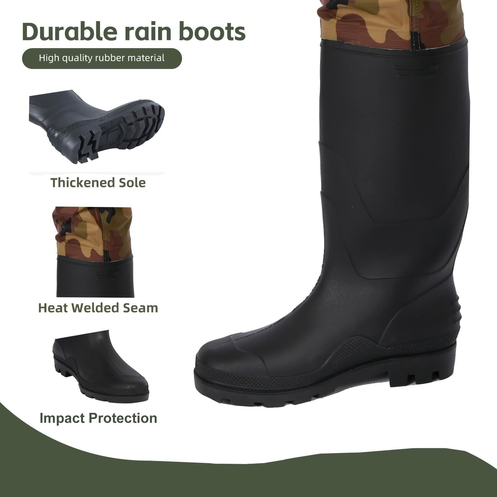 Ouzong Fishing Hip Waders Waterproof 2-Ply PVC/Nylon Cleated Green Size 12