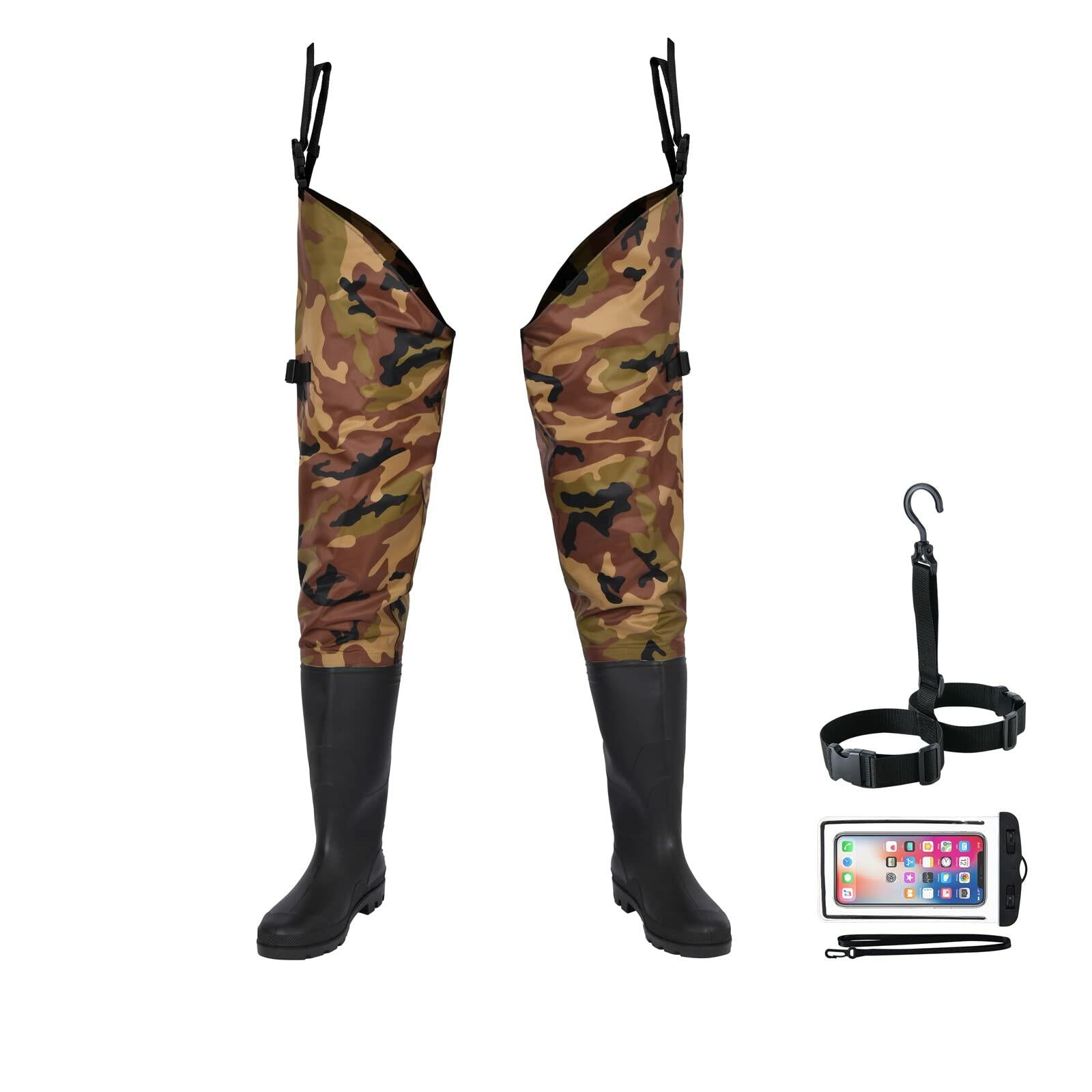 Ouzong Fishing Hip Waders Waterproof 2-Ply PVC/Nylon Cleated Green Size 12