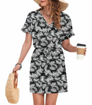 AUSELILY Womens Summer Dress V Neck Tie Button Pockets Rainforest Leaf Size XL