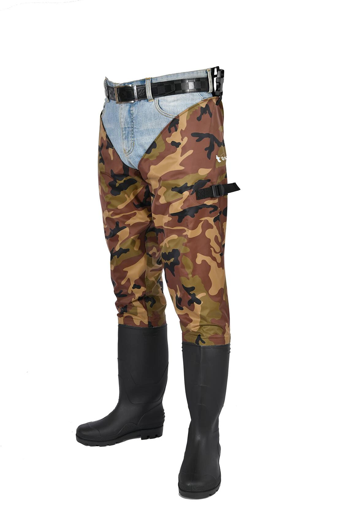 Ouzong Fishing Hip Waders Waterproof 2-Ply PVC/Nylon Cleated Green Size 12
