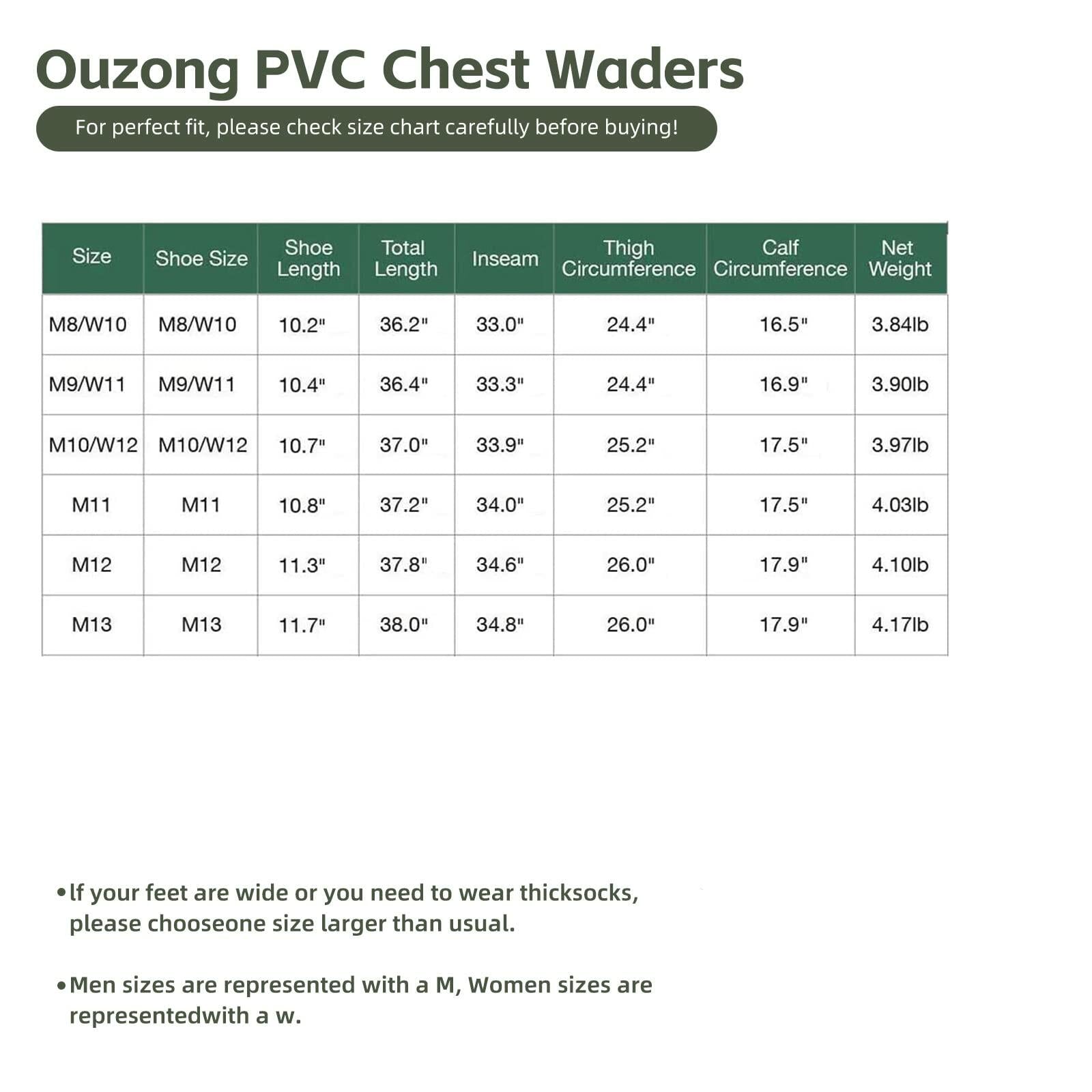 Ouzong Fishing Hip Waders Waterproof 2-Ply PVC/Nylon Cleated Green Size 12