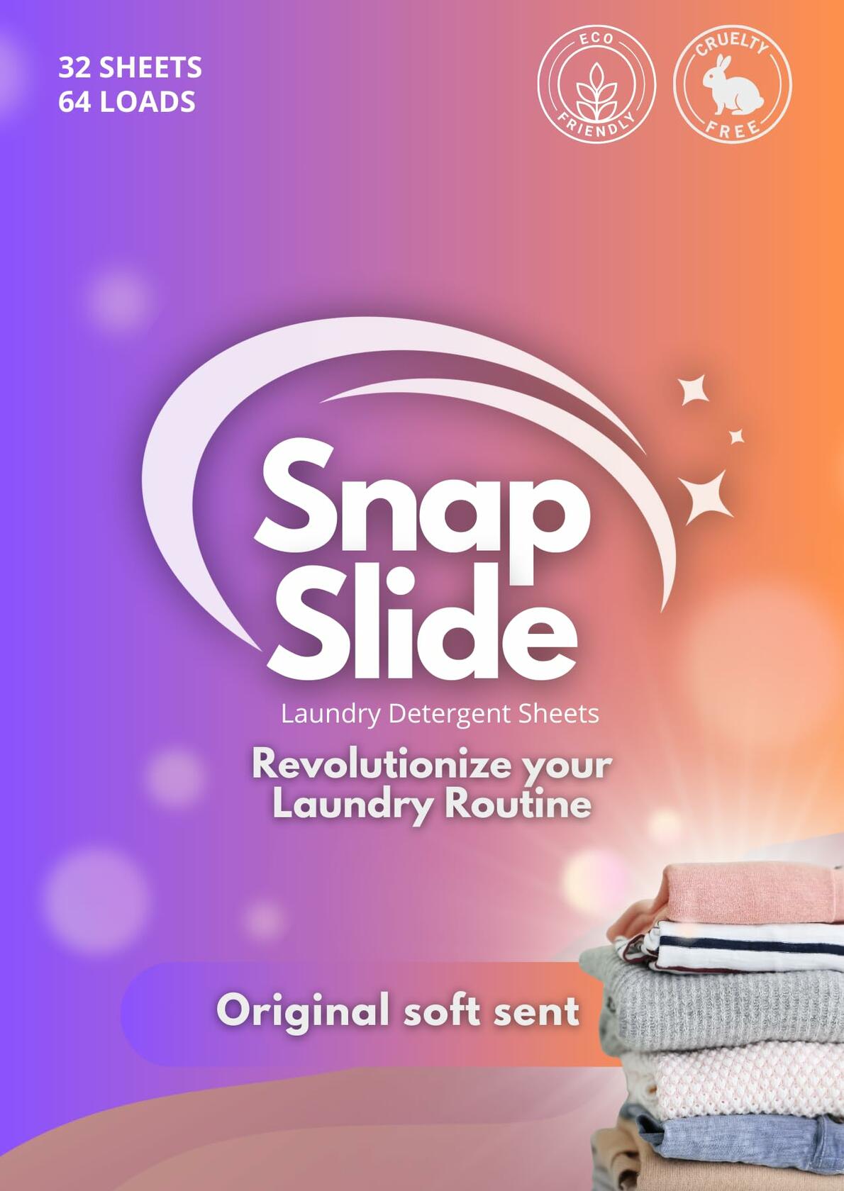 Snap Slide Laundry Detergent Sheets 64 Loads White Eco-Friendly Hypoallergenic