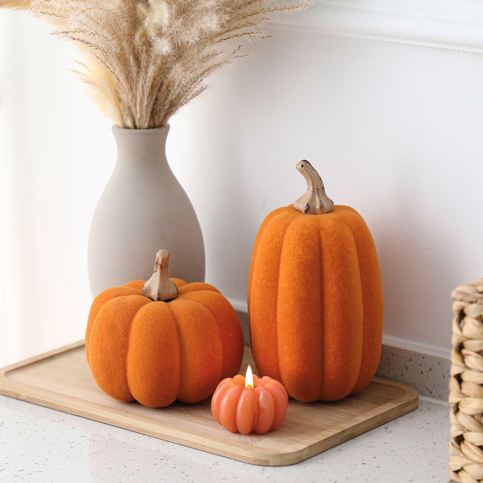 Vicenpal 2 Pcs Orange Foam Pumpkins Fall Thanksgiving Decor Flocked Velvet