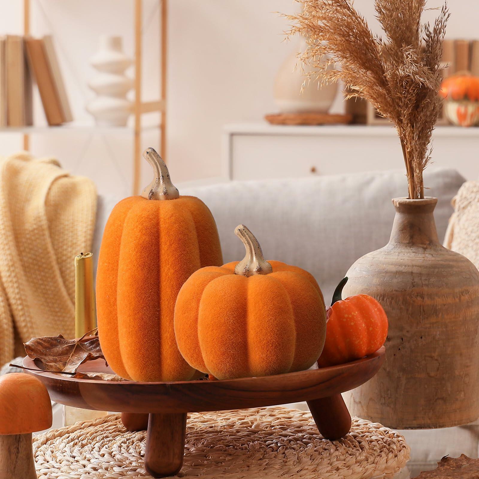 Vicenpal 2 Pcs Orange Foam Pumpkins Fall Thanksgiving Decor Flocked Velvet
