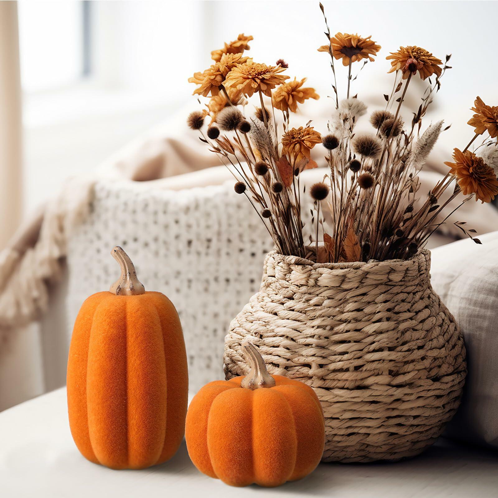 Vicenpal 2 Pcs Orange Foam Pumpkins Fall Thanksgiving Decor Flocked Velvet