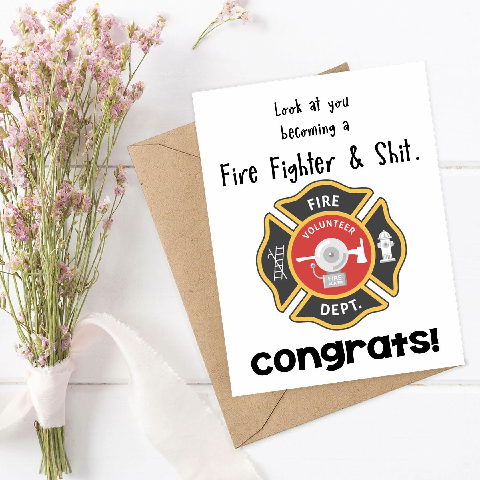 LouiseGifts Fire Fighter Graduation Card Red Paper 5x7 inches Modern Style