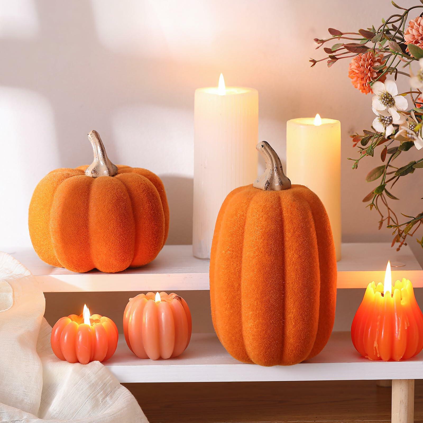 Vicenpal 2 Pcs Orange Foam Pumpkins Fall Thanksgiving Decor Flocked Velvet