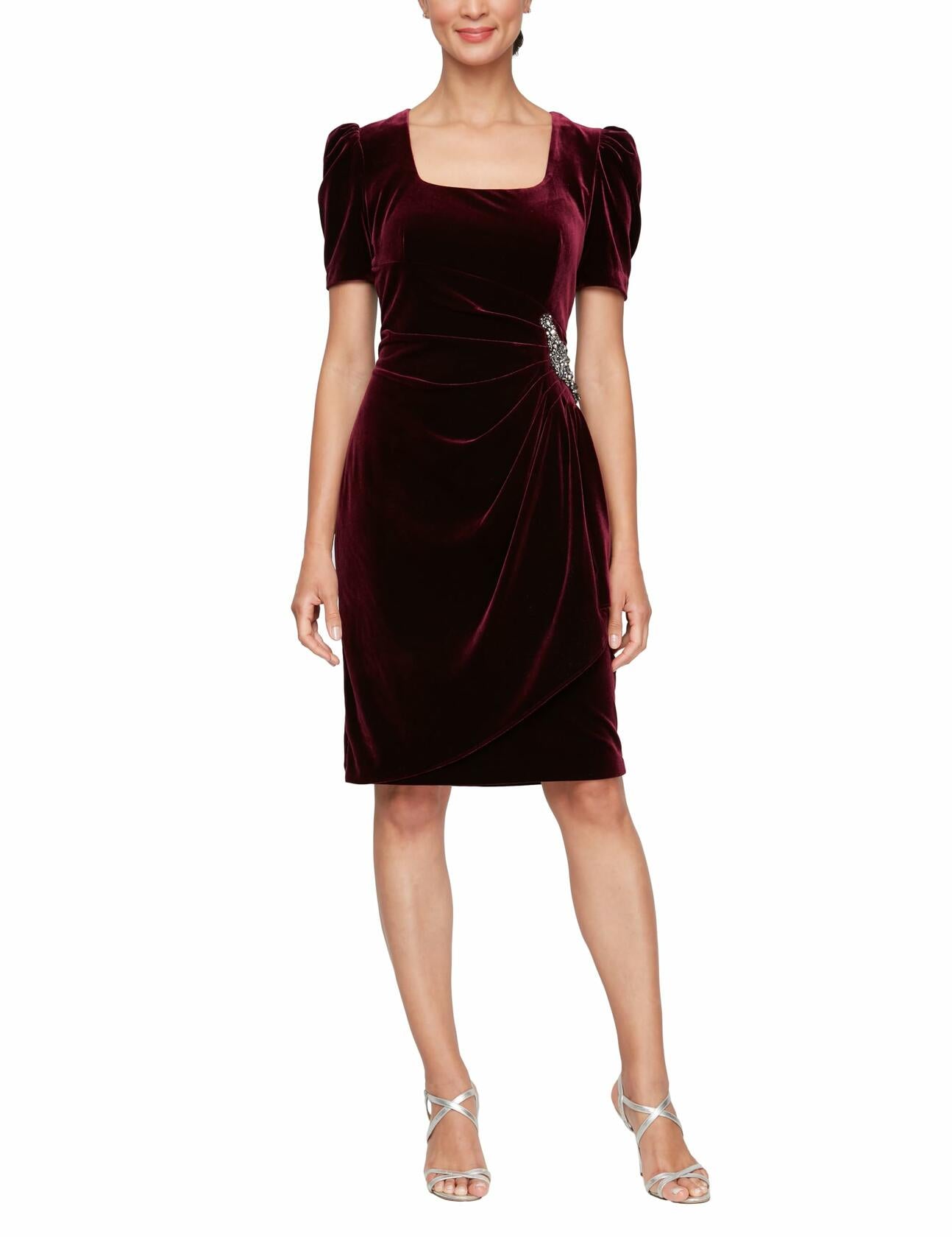 Alex Evenings Women's Velvet Puff Sleeve Cocktail Gown Wine Size 4