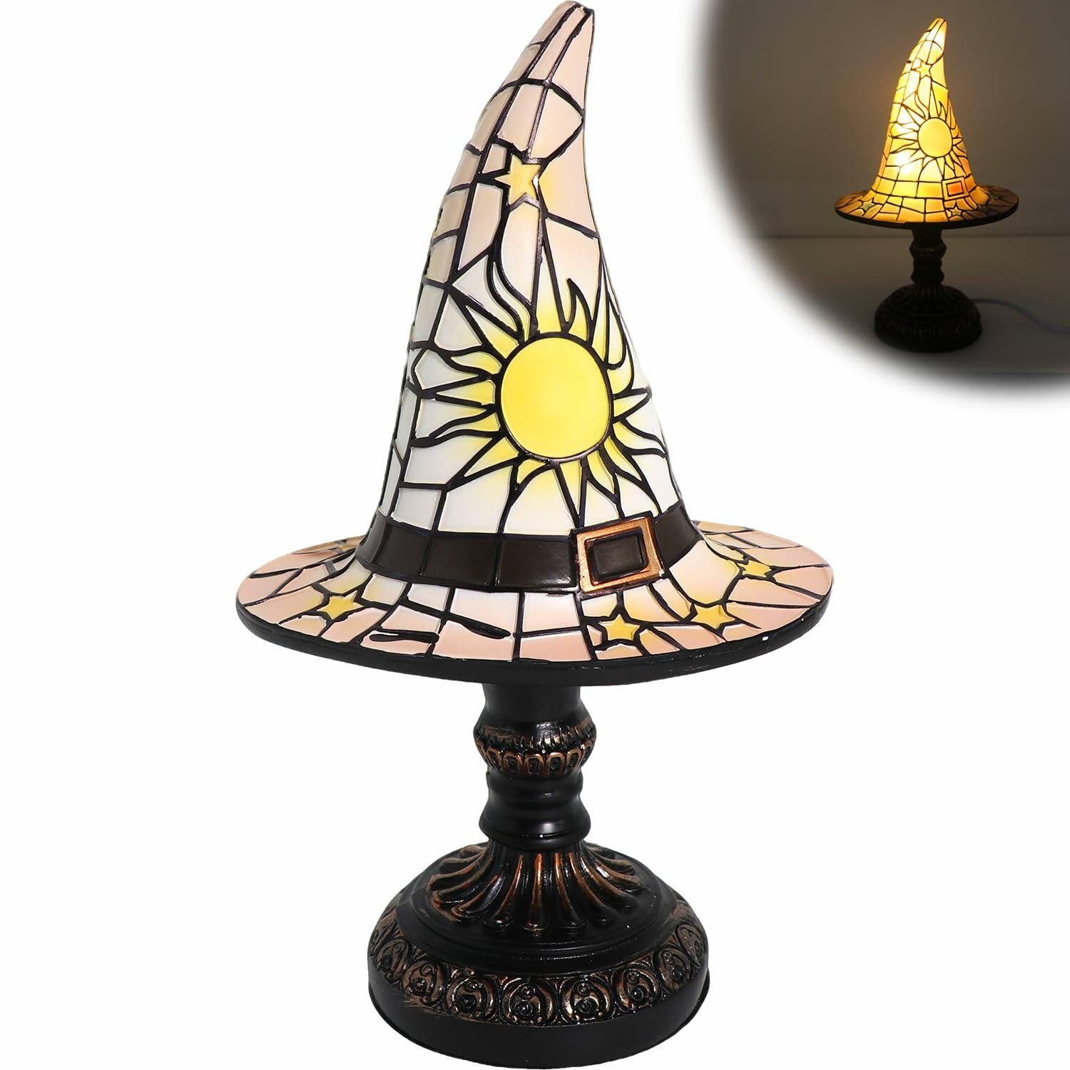OCPBGMS Witch Hat Lamp Stained Glass Resin Gothic Small White Indoor Decor