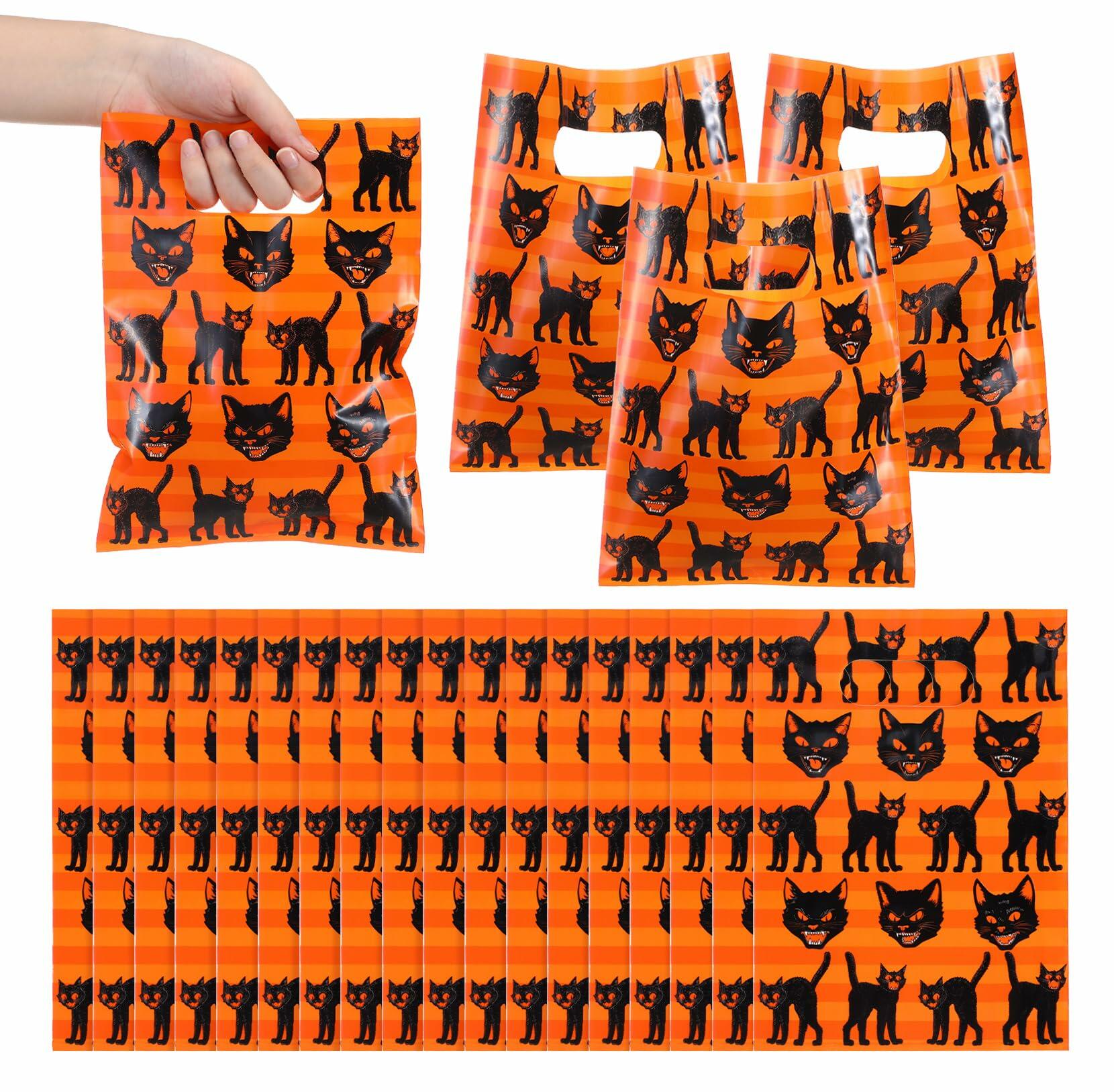 Kolldenn Vintage Halloween Black Cat Gift Bags 7x9.5 Inch 100 Pcs Black Orange