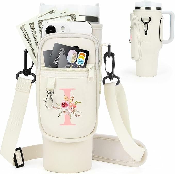 Aganmi Initial Water Bottle Sling Bag Phone Pocket Stanley 40oz Cream I