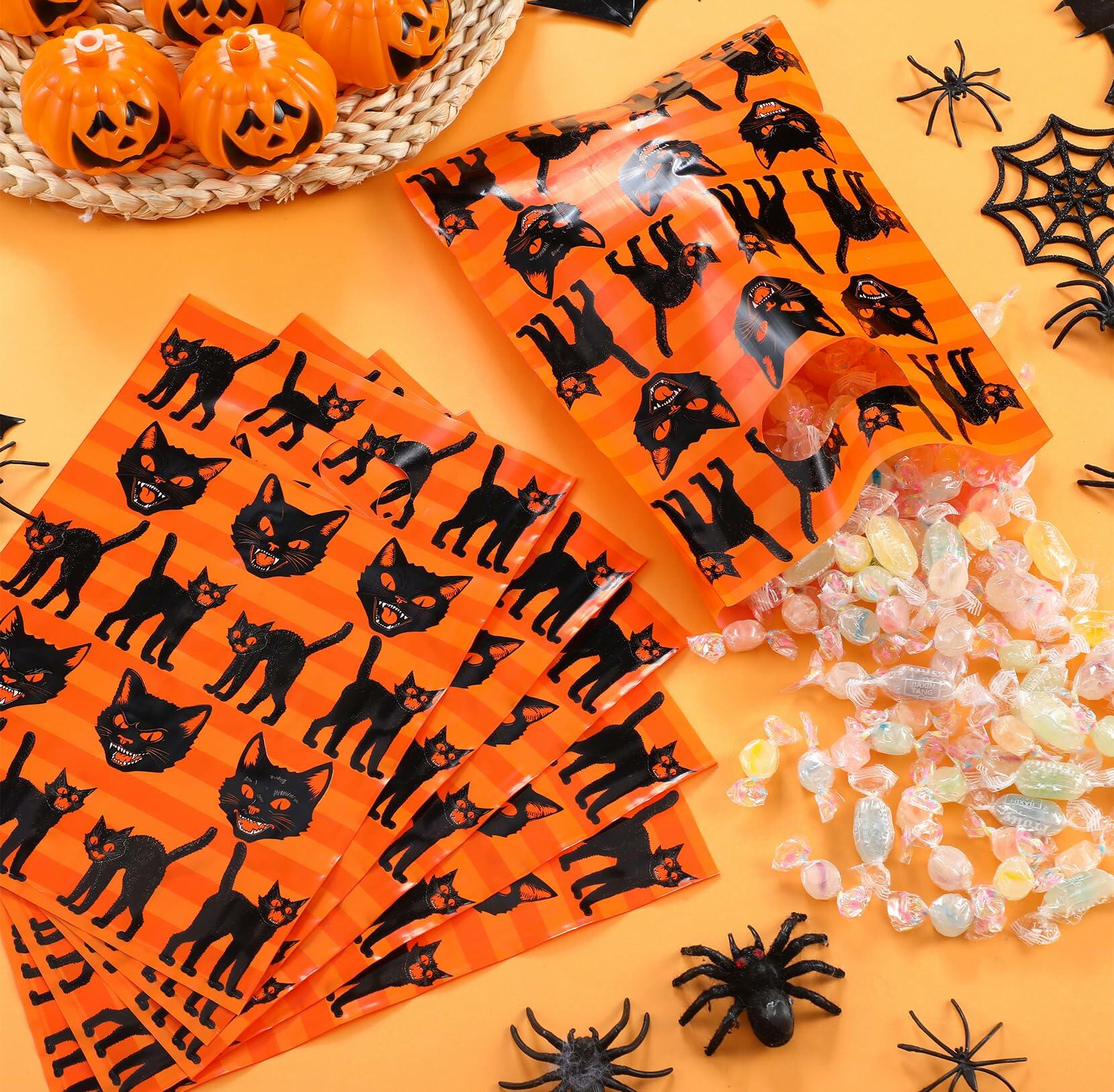 Kolldenn Vintage Halloween Black Cat Gift Bags 7x9.5 Inch 100 Pcs Black Orange