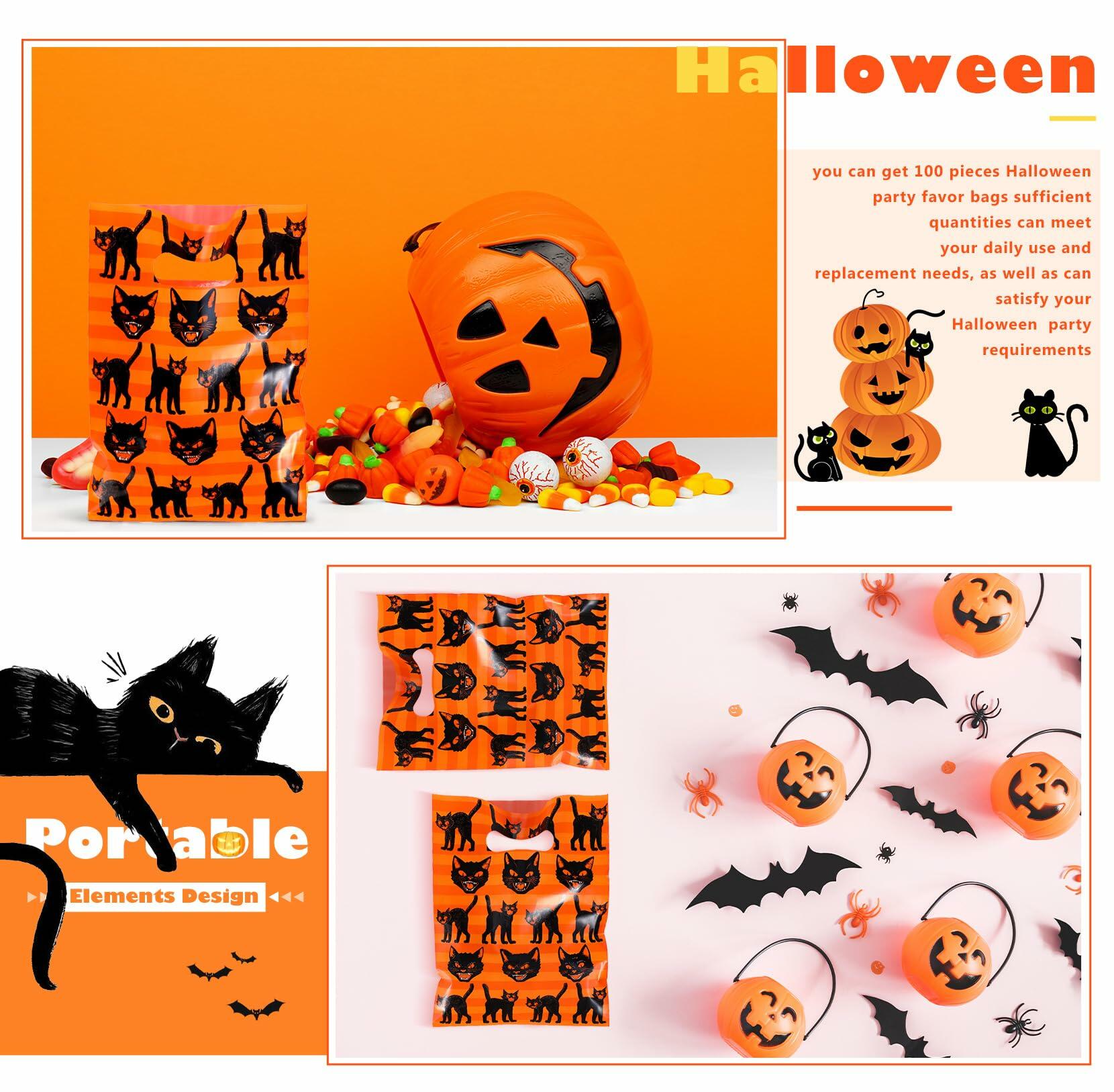 Kolldenn Vintage Halloween Black Cat Gift Bags 7x9.5 Inch 100 Pcs Black Orange