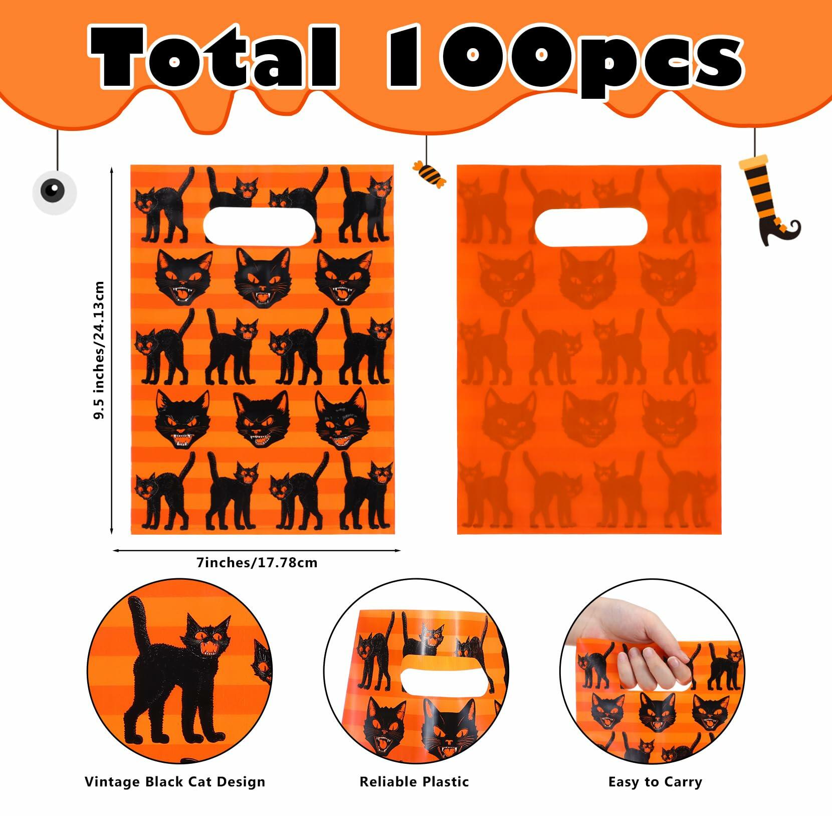Kolldenn Vintage Halloween Black Cat Gift Bags 7x9.5 Inch 100 Pcs Black Orange